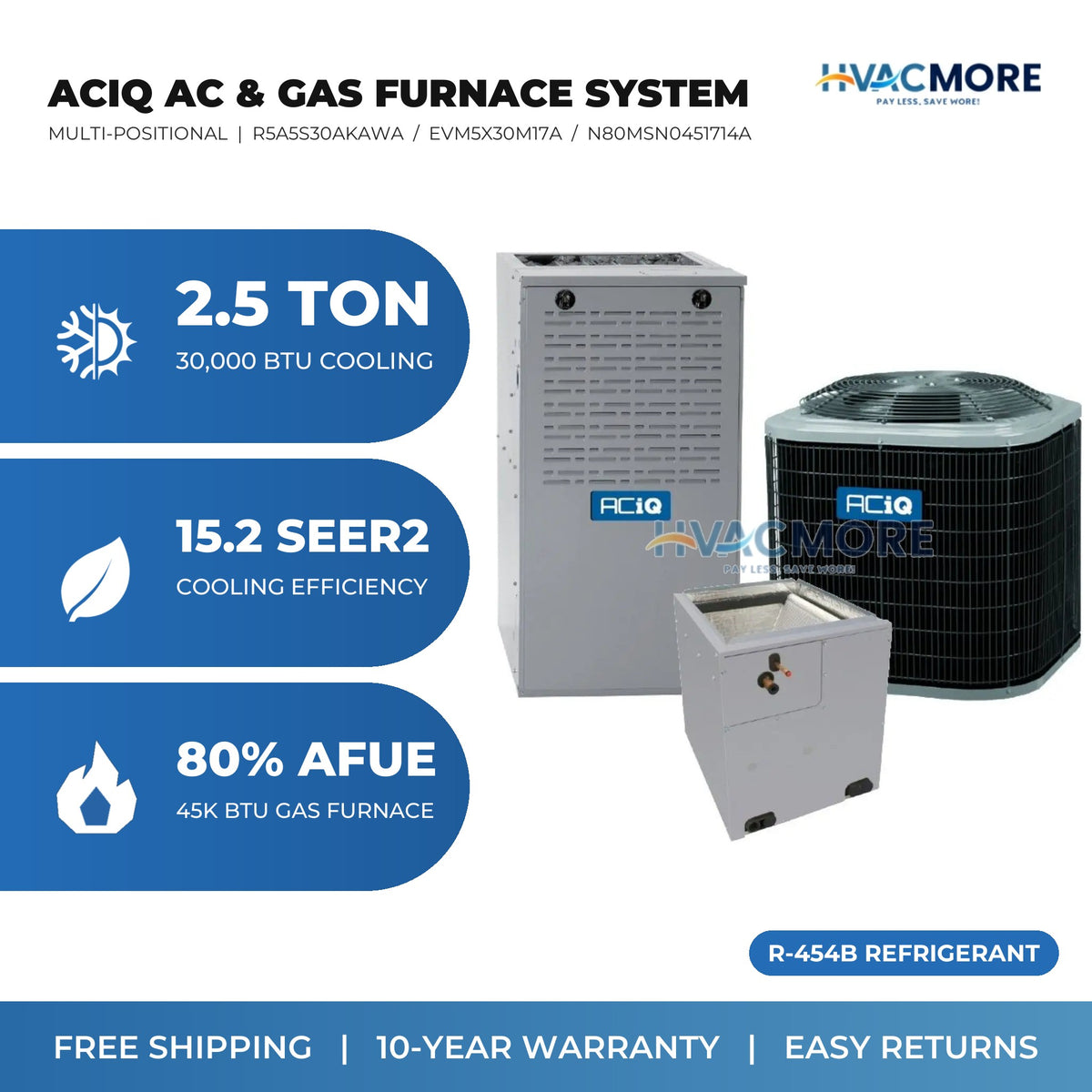 ACiQ 2.5 Ton 15.2 SEER2 R-454B Air Conditioner + 45,000 BTU 80% AFUE Single-Stage Gas Furnace System - Multi-Positional