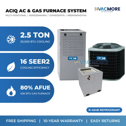 ACiQ 2.5 Ton 16 SEER2 R-454B Air Conditioner + 45,000 BTU 80% AFUE Single-Stage Gas Furnace System - Multi-Positional