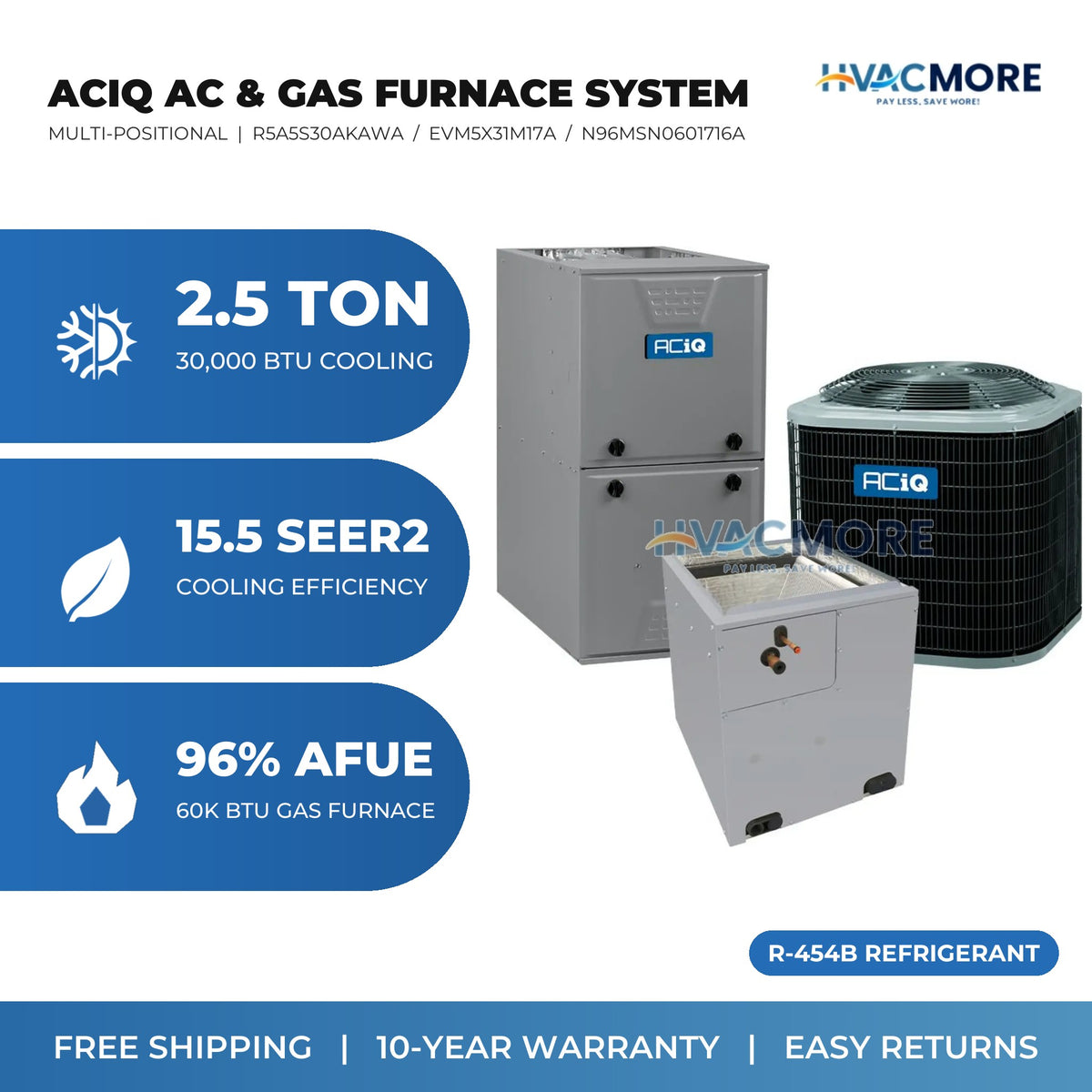 ACiQ 2.5 Ton 15.5 SEER2 R-454B Air Conditioner + 60,000 BTU 96% AFUE Single-Stage Gas Furnace System - Multi-Positional