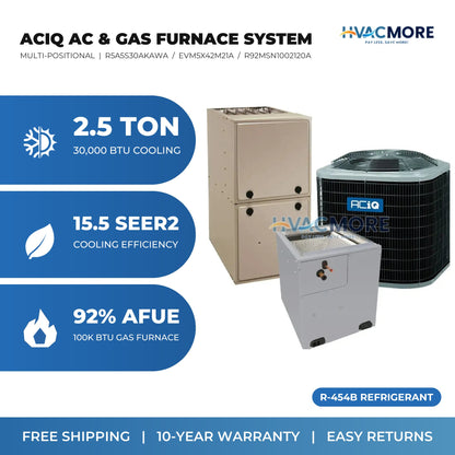 ACiQ 2.5 Ton 15.5 SEER2 R-454B Air Conditioner + 100,000 BTU 92% AFUE Single-Stage Gas Furnace System - Multi-Positional