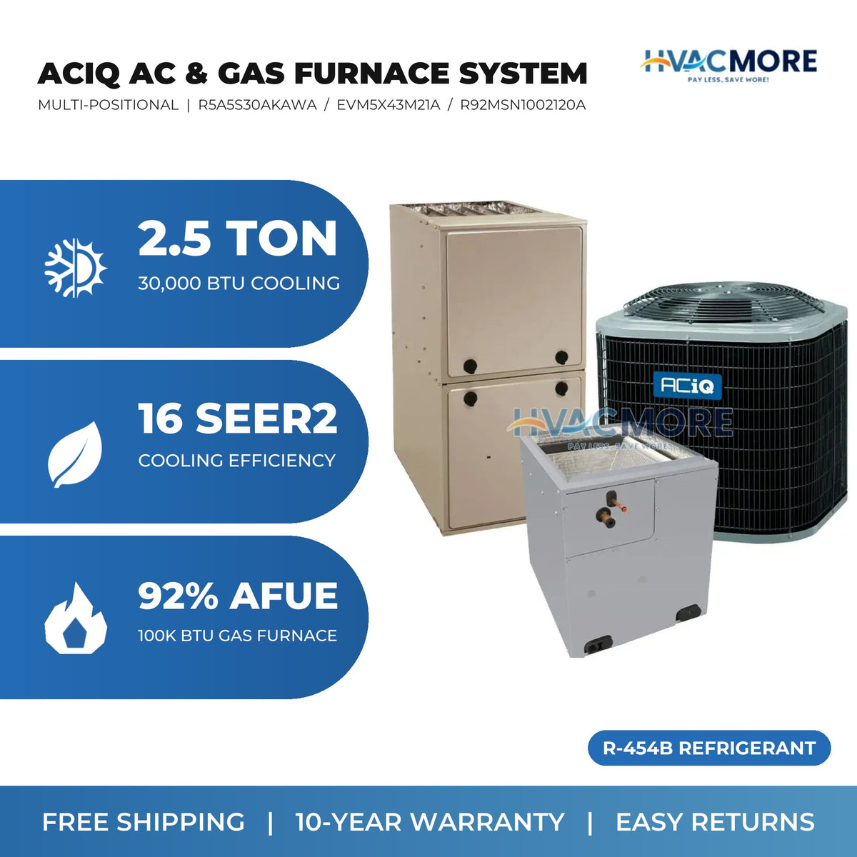 ACiQ 2.5 Ton 16 SEER2 R-454B Air Conditioner + 100,000 BTU 92% AFUE Single-Stage Gas Furnace System - Multi-Positional