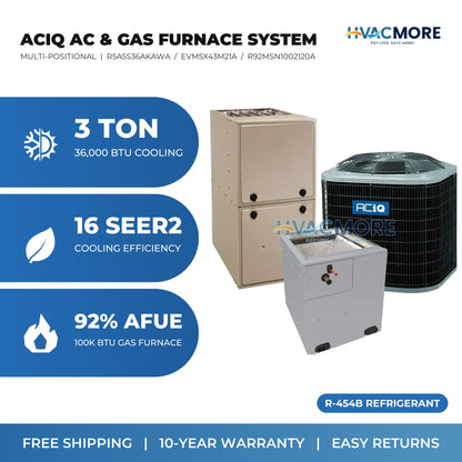 ACiQ 3 Ton 16 SEER2 R-454B Air Conditioner + 100,000 BTU 92% AFUE Single-Stage Gas Furnace System - Multi-Positional