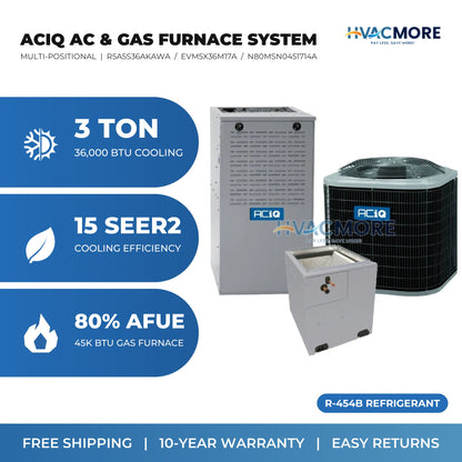 ACiQ 3 Ton 15 SEER2 R-454B Air Conditioner + 45,000 BTU 80% AFUE Single-Stage Gas Furnace System - Multi-Positional