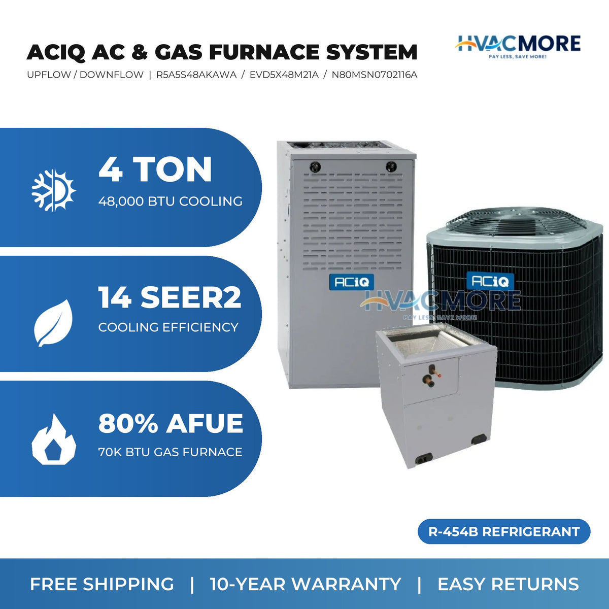ACiQ 4 Ton 14 SEER2 R-454B Air Conditioner + 70,000 BTU 80% AFUE Single-Stage Gas Furnace System - Upflow / Downflow