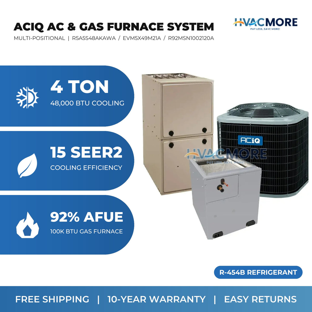 ACiQ 4 Ton 15 SEER2 R-454B Air Conditioner + 100,000 BTU 92% AFUE Single-Stage Gas Furnace System - Multi-Positional