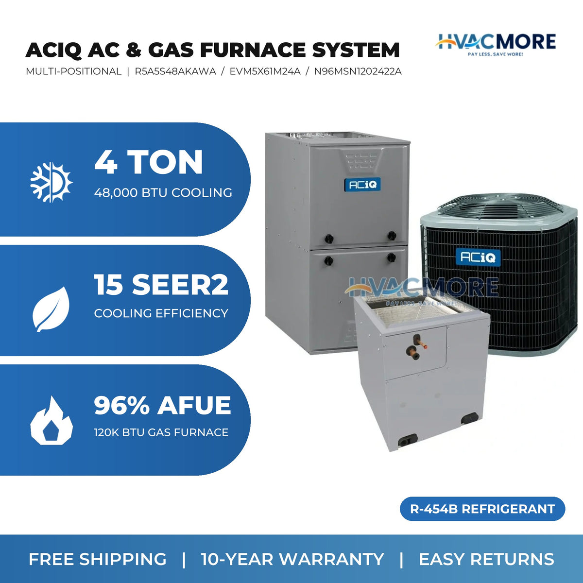 ACiQ 4 Ton 15 SEER2 R-454B Air Conditioner + 120,000 BTU 96% AFUE Single-Stage Gas Furnace System - Multi-Positional