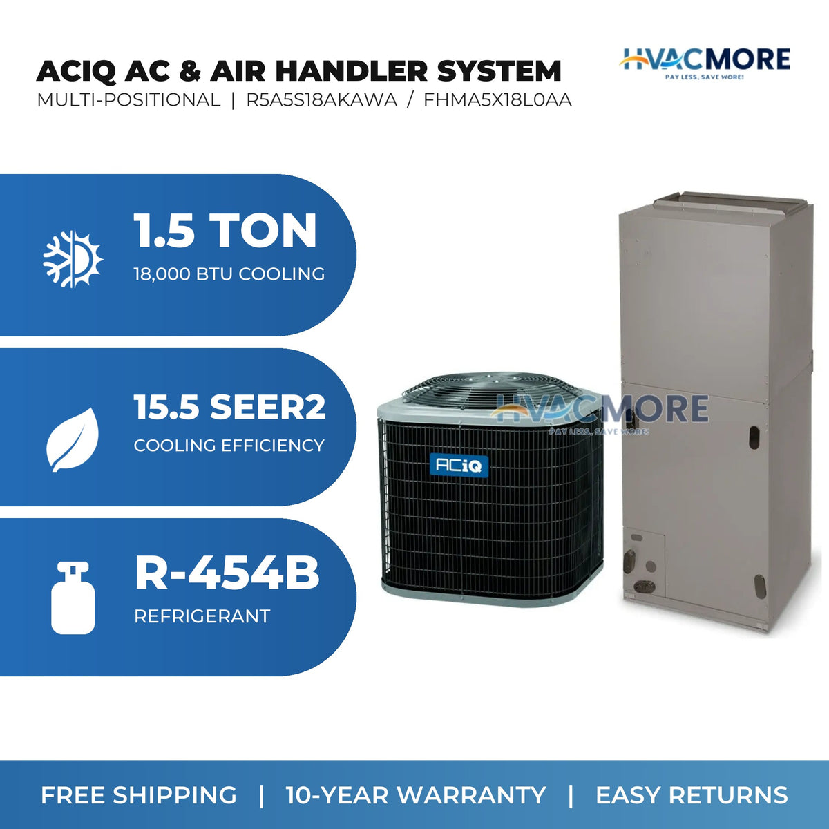 ACiQ 1.5 Ton 15.5 SEER2 R-454B Air Conditioner + Air Handler Split System - Multi-Positional