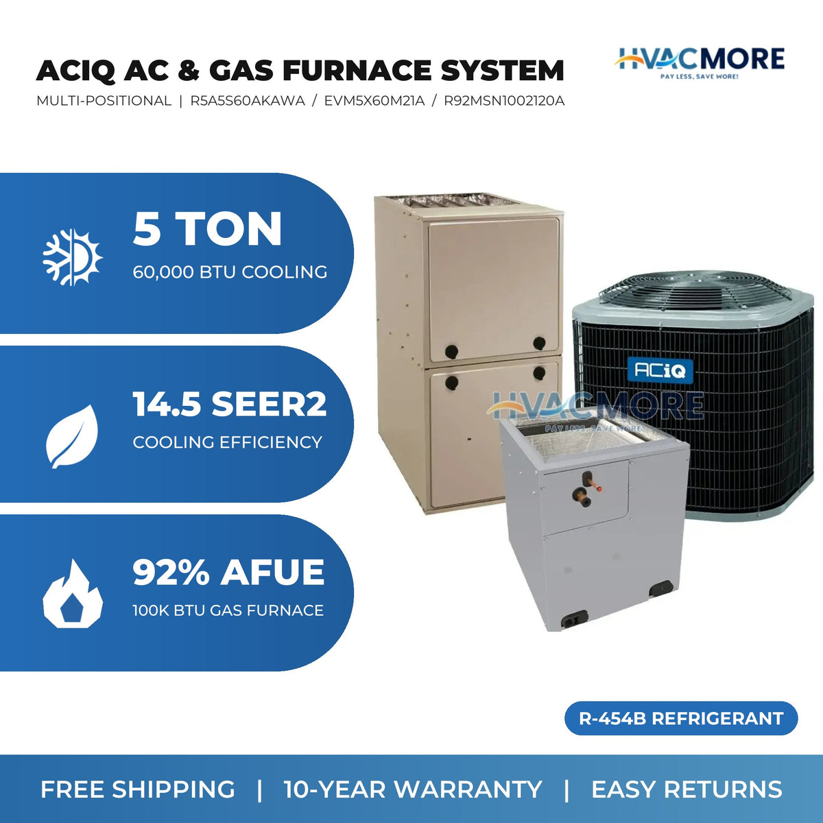 ACiQ 5 Ton 14.5 SEER2 R-454B Air Conditioner + 100,000 BTU 92% AFUE Single-Stage Gas Furnace System - Multi-Positional