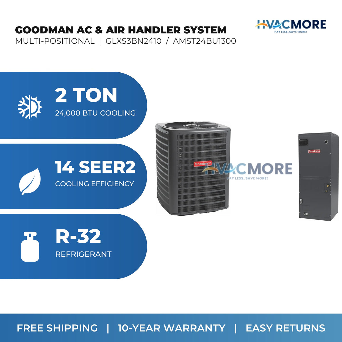 Goodman 2 Ton 14 SEER2 R-32 Air Conditioner + Air Handler Split System - Multi-Positional