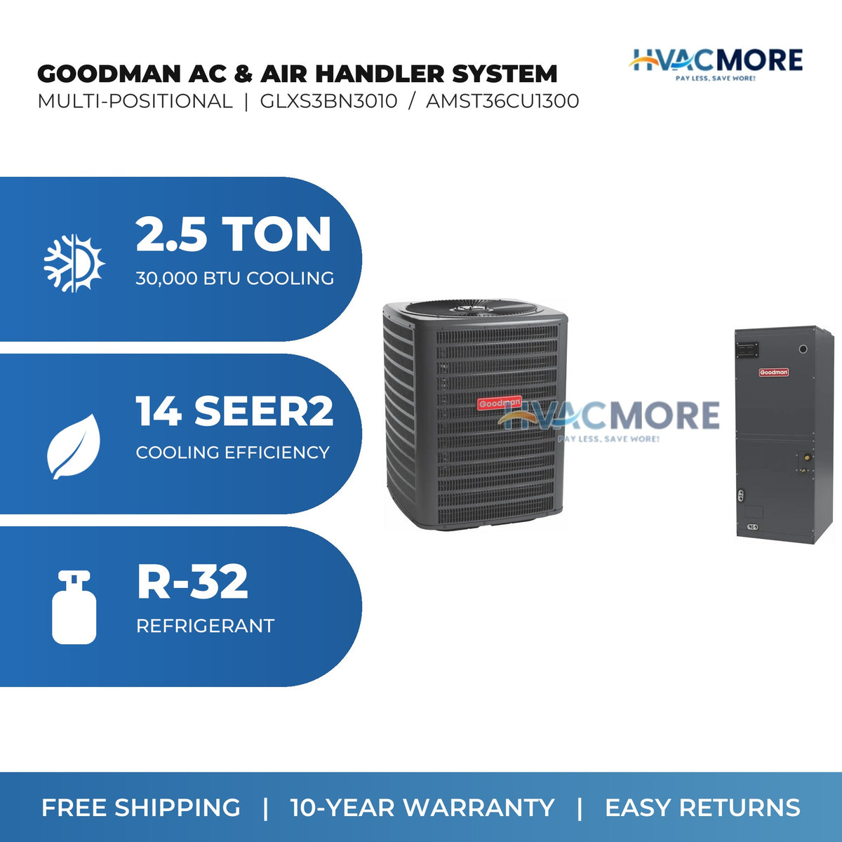 Goodman 2.5 Ton 14 SEER2 R-32 Air Conditioner + Air Handler Split System - Multi-Positional