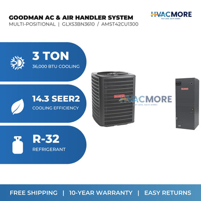 Goodman 3 Ton 14.3 SEER2 R-32 Air Conditioner + Air Handler Split System - Multi-Positional