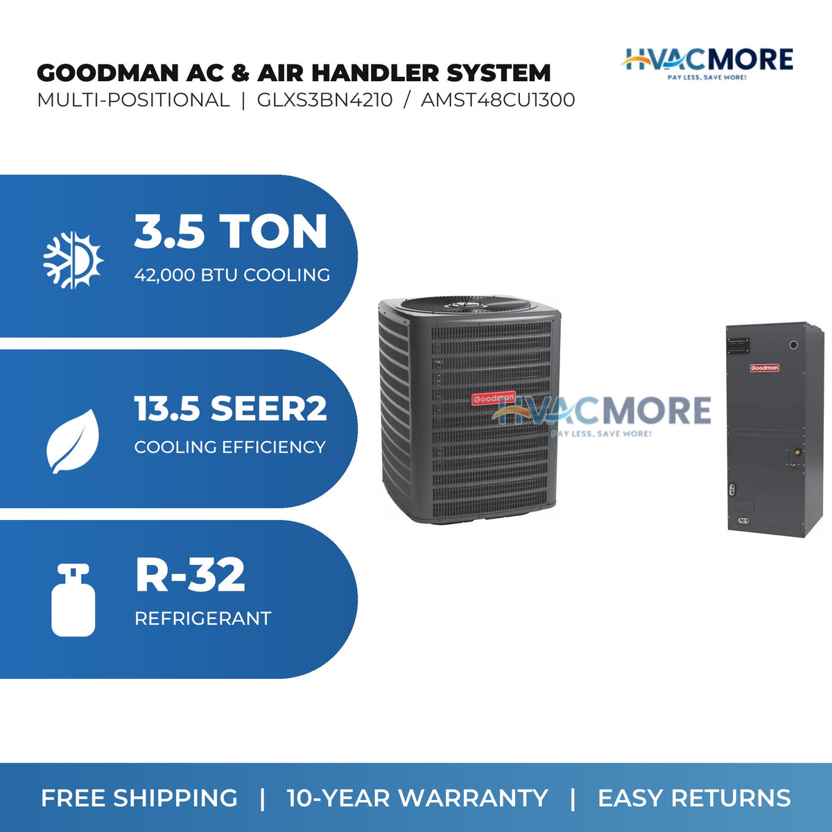 Goodman 3.5 Ton 13.5 SEER2 R-32 Air Conditioner + Air Handler Split System - Multi-Positional | GLXS3BN4210 / AMST48CU1300