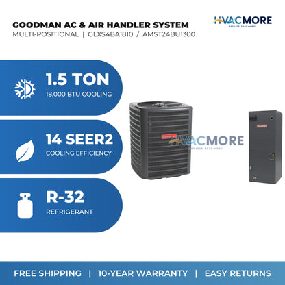 Goodman 1.5 Ton 14 SEER2 R-32 Air Conditioner + Air Handler Split System - Multi-Positional | GLXS4BA1810 / AMST24BU1300