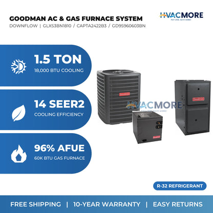Goodman 1.5 Ton 14 SEER2 R-32 Air Conditioner + 60,000 BTU 96% AFUE Single-Stage Gas Furnace System - Downflow