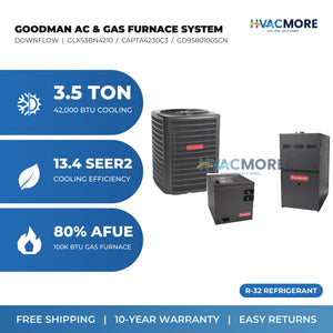 Goodman 3.5 Ton 13.4 SEER2 R-32 Air Conditioner + 100,000 BTU 80% AFUE Single-Stage Gas Furnace System - Downflow