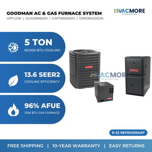 Goodman 5 Ton 13.6 SEER2 R-32 Air Conditioner + 120,000 BTU 96% AFUE Single-Stage Gas Furnace System - Upflow