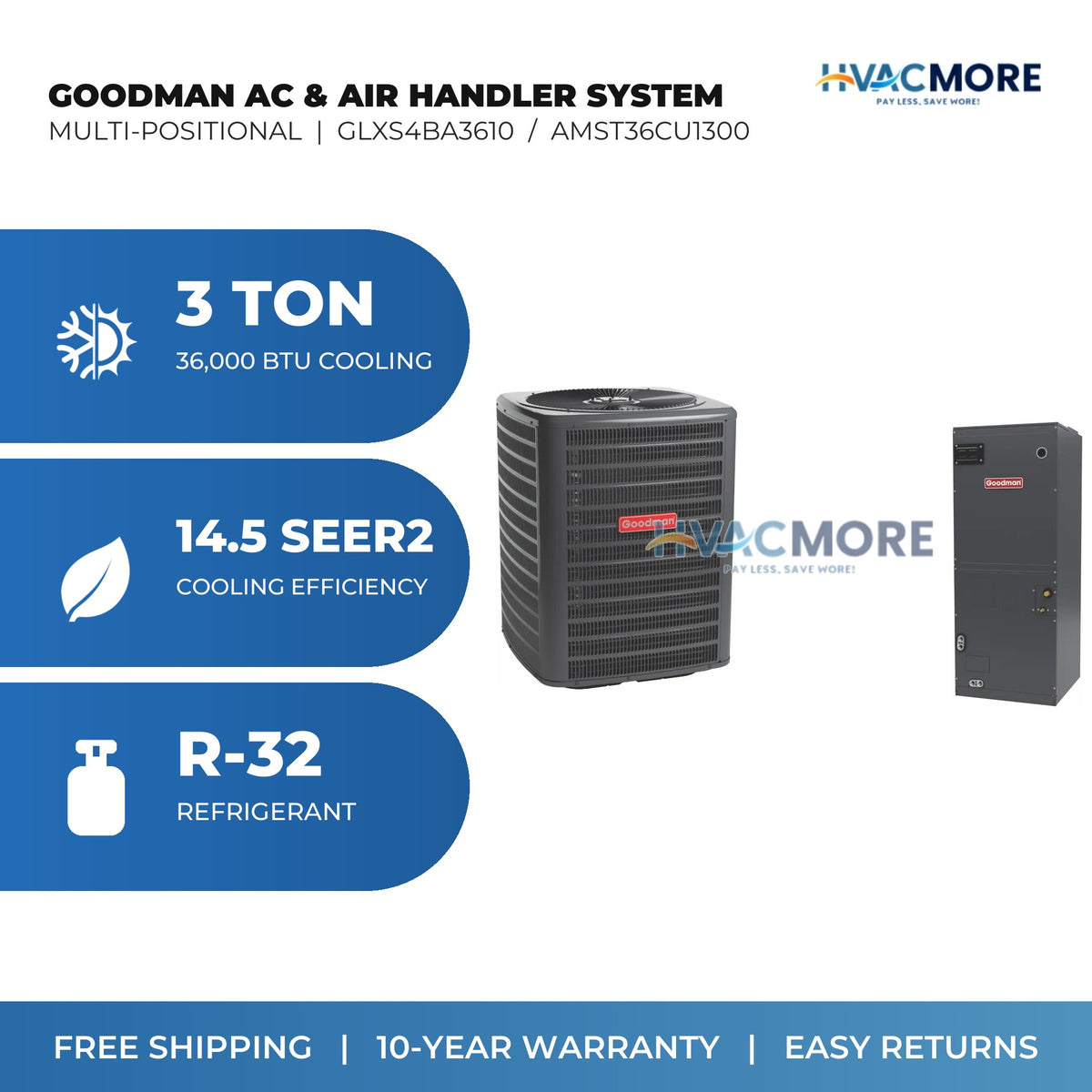 Goodman 3 Ton 14.5 SEER2 R-32 Air Conditioner + Air Handler Split System - Multi-Positional