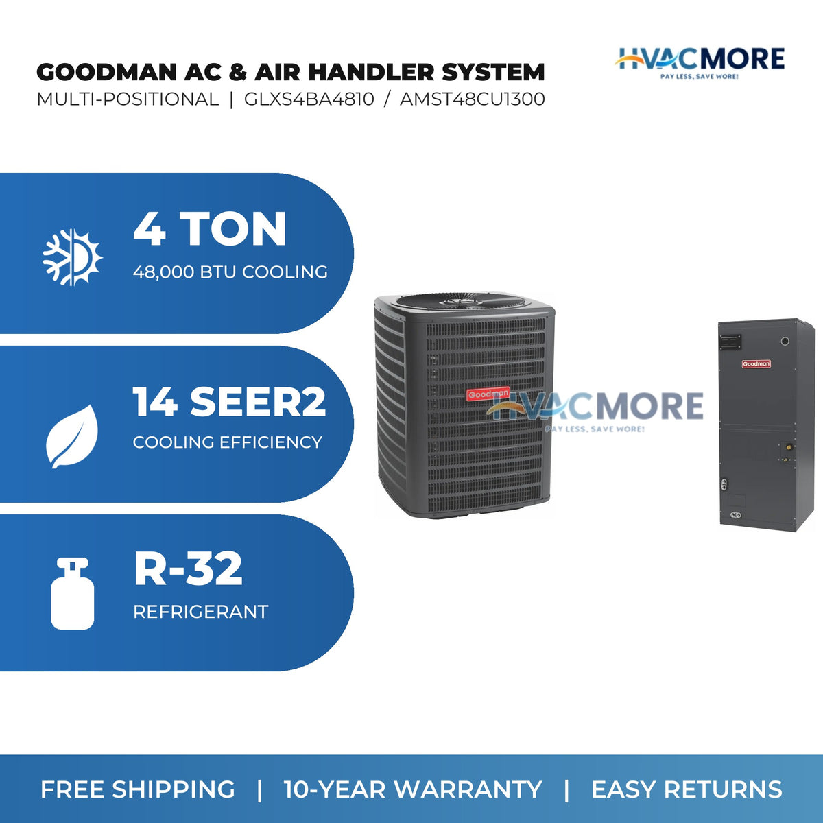 Goodman 4 Ton 14 SEER2 R-32 Air Conditioner + Air Handler Split System - Multi-Positional