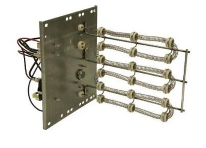 Heating element with metal frame and electrical connections on a white background