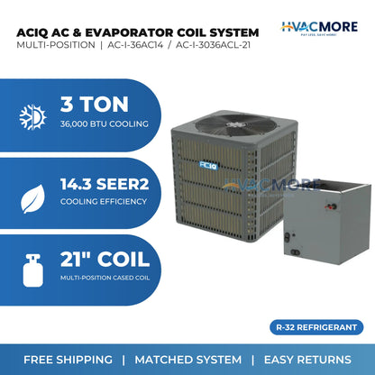 ACiQ 3 Ton 14.3 SEER2 R-32 Air Conditioner + 21" Multi-Position Cased Evaporator Coil System