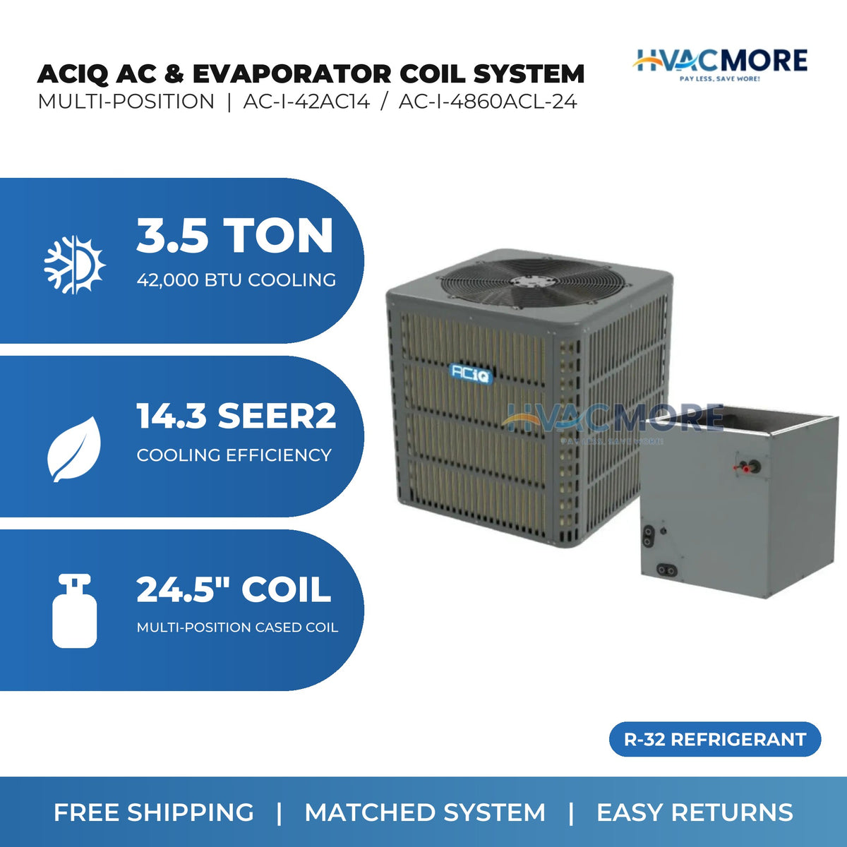 ACiQ 3.5 Ton 14.3 SEER2 R-32 Air Conditioner + 24.5" Multi-Position Cased Evaporator Coil System