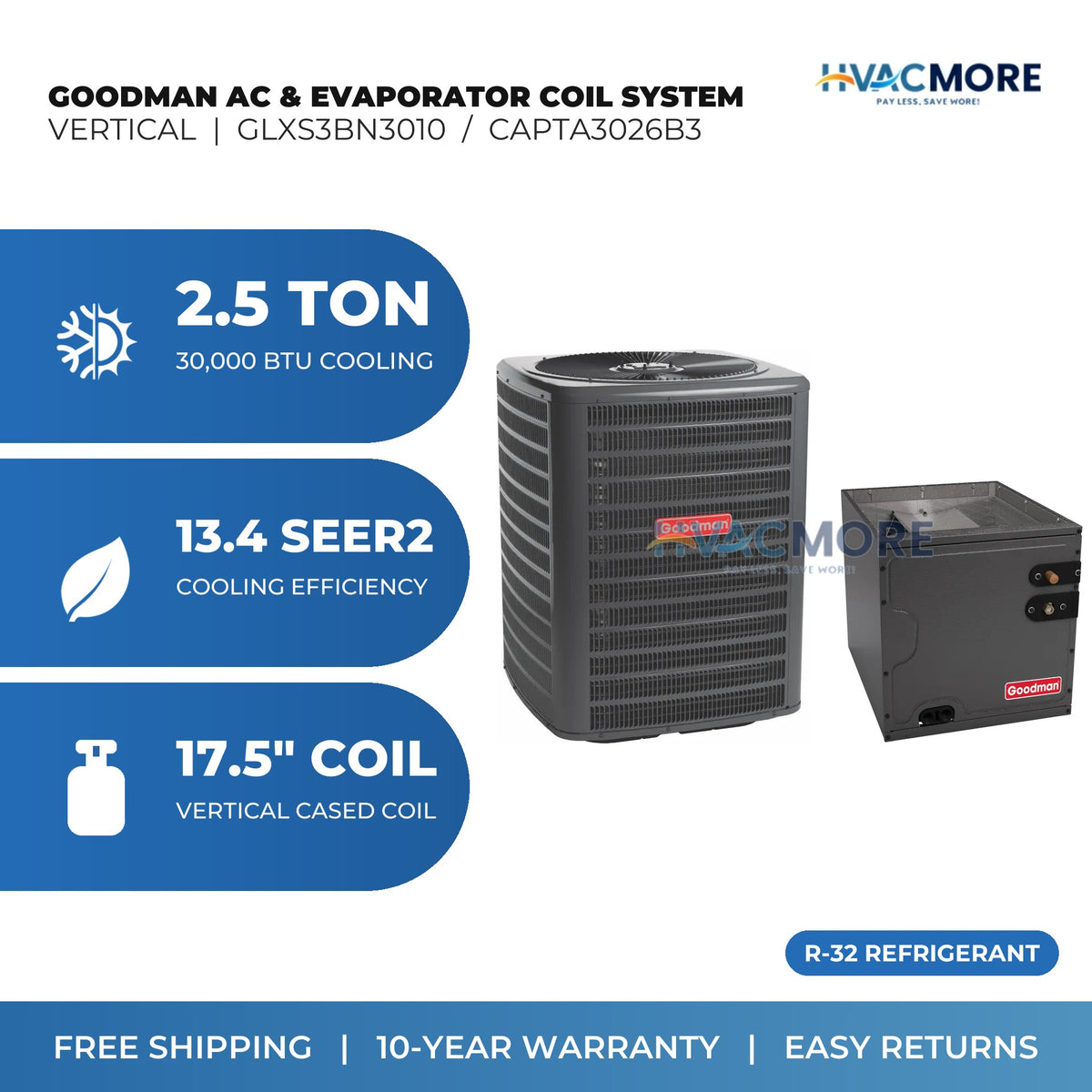 Goodman 2.5 Ton 13.4 SEER2 R-32 Air Conditioner + 17.5" Vertical Cased Evaporator Coil System