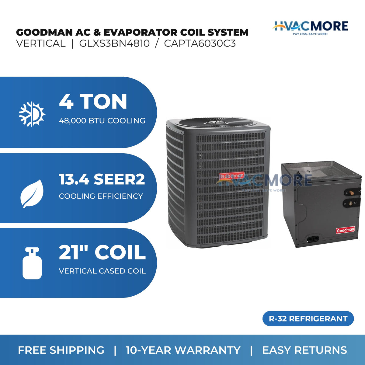 Goodman 4 Ton 13.4 SEER2 R-32 Air Conditioner + 21" Vertical Cased Evaporator Coil System