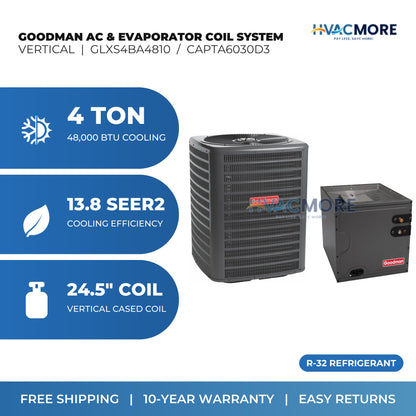 Goodman 4 Ton 13.8 SEER2 R-32 Air Conditioner + 24.5" Vertical Cased Evaporator Coil System (GLXS4BA4810 / CAPTA6030D3)