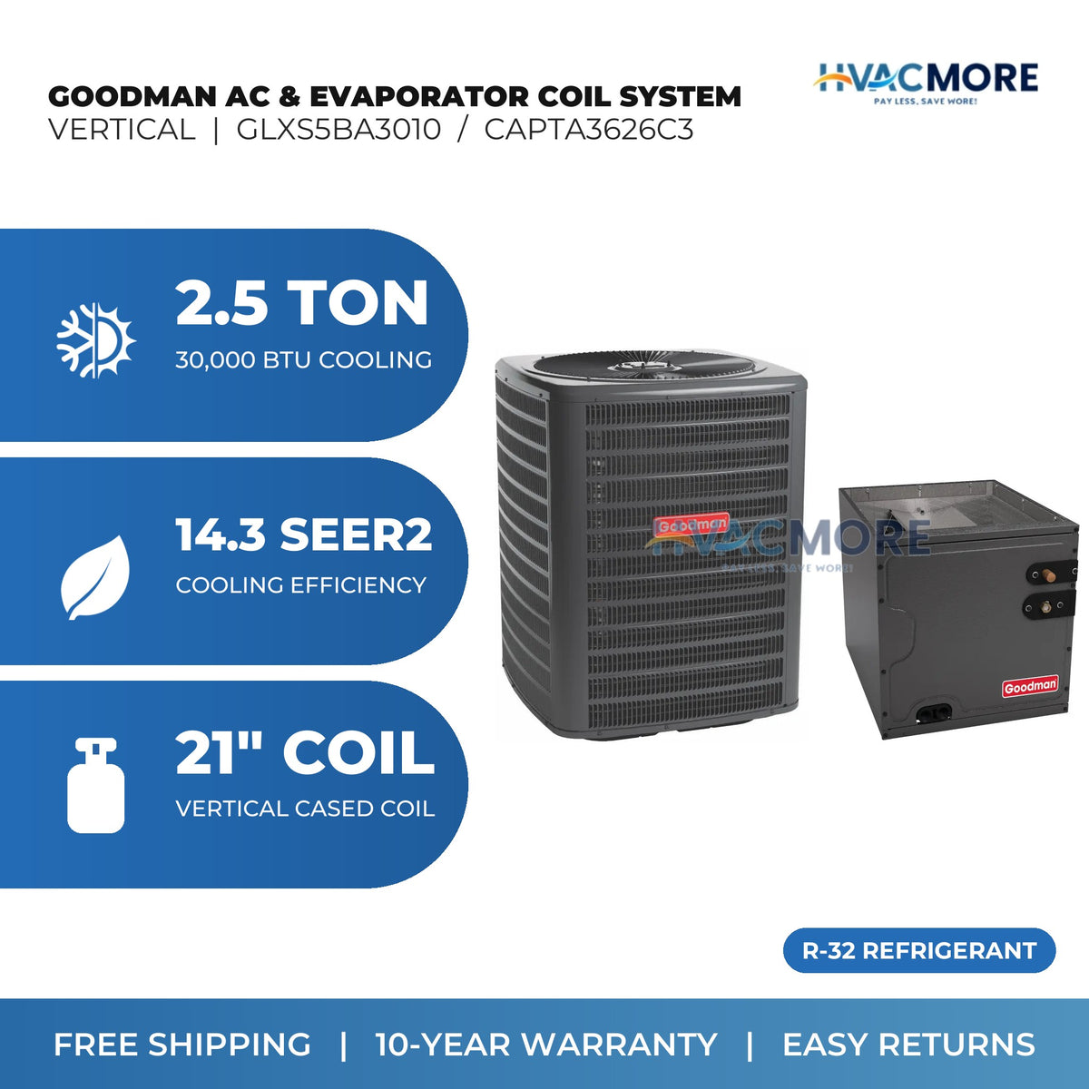 Goodman 2.5 Ton 14.3 SEER2 R-32 Air Conditioner + 21" Vertical Cased Evaporator Coil System (GLXS5BA3010 / CAPTA3626C3)