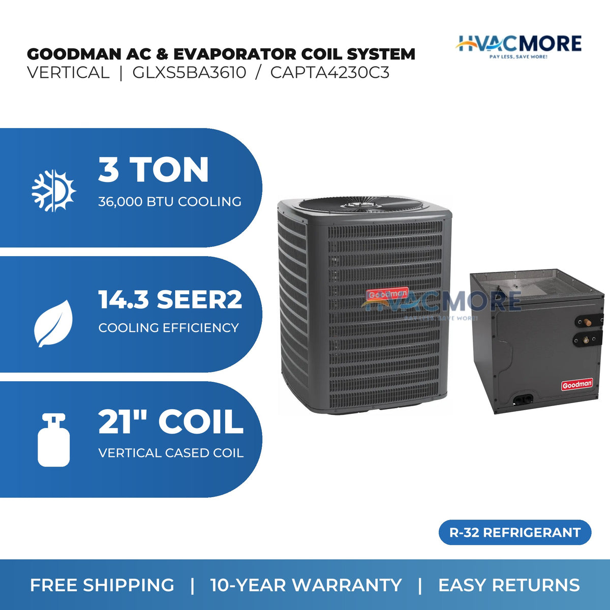 Goodman 3 Ton 14.3 SEER2 R-32 Air Conditioner + 21" Vertical Cased Evaporator Coil System (GLXS5BA3610 / CAPTA4230C3)