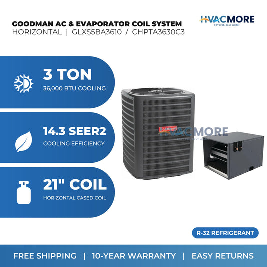 Goodman 3 Ton 14.3 SEER2 R-32 Air Conditioner + 21" Horizontal Cased Evaporator Coil System (GLXS5BA3610 / CHPTA3630C3)