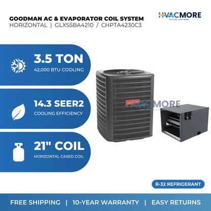 Goodman 3.5 Ton 14.3 SEER2 R-32 Air Conditioner + 21" Horizontal Cased Evaporator Coil System (GLXS5BA4210 / CHPTA4230C3)
