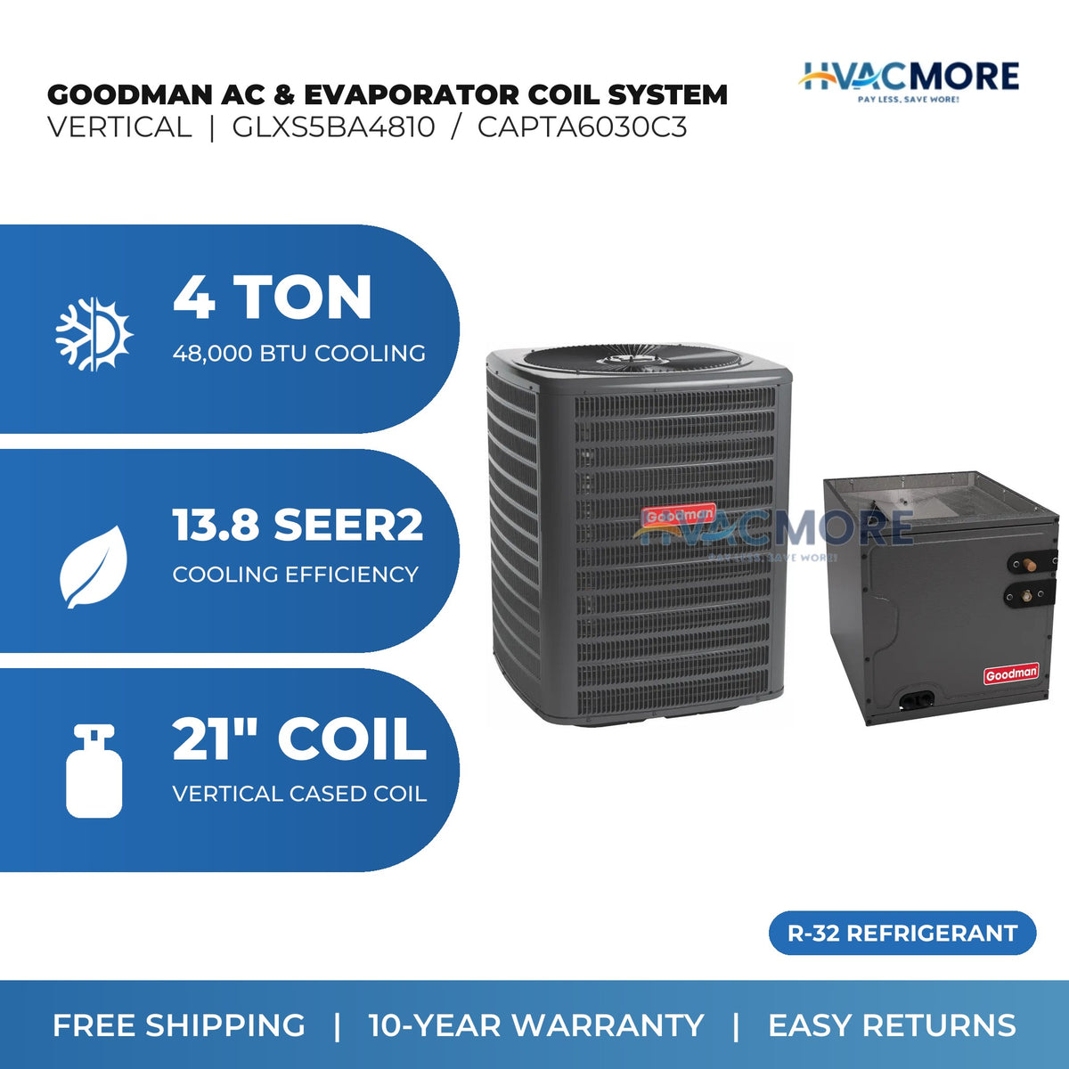 Goodman 4 Ton 13.8 SEER2 R-32 Air Conditioner + 21" Vertical Cased Evaporator Coil System (GLXS5BA4810 / CAPTA6030C3)