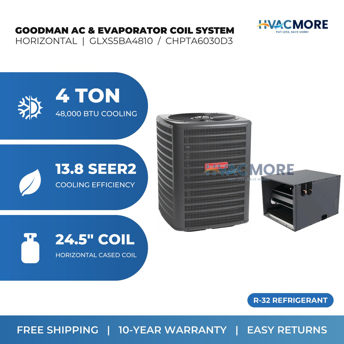 Goodman 4 Ton 13.8 SEER2 R-32 Air Conditioner + 24.5" Horizontal Cased Evaporator Coil System (GLXS5BA4810 / CHPTA6030D3)