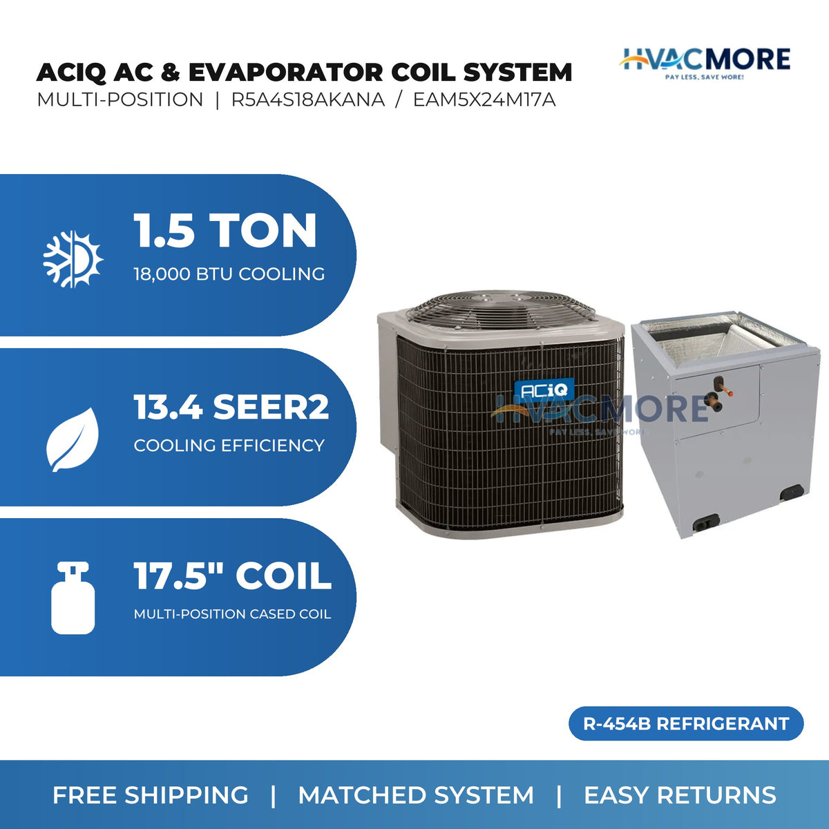 ACiQ 1.5 Ton 13.4 SEER2 R-454B Air Conditioner + 17.5" Multi-Position Cased Evaporator Coil System