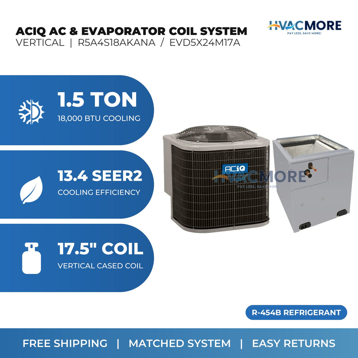 ACiQ 1.5 Ton 13.4 SEER2 R-454B Air Conditioner + 17.5" Vertical Cased Evaporator Coil System
