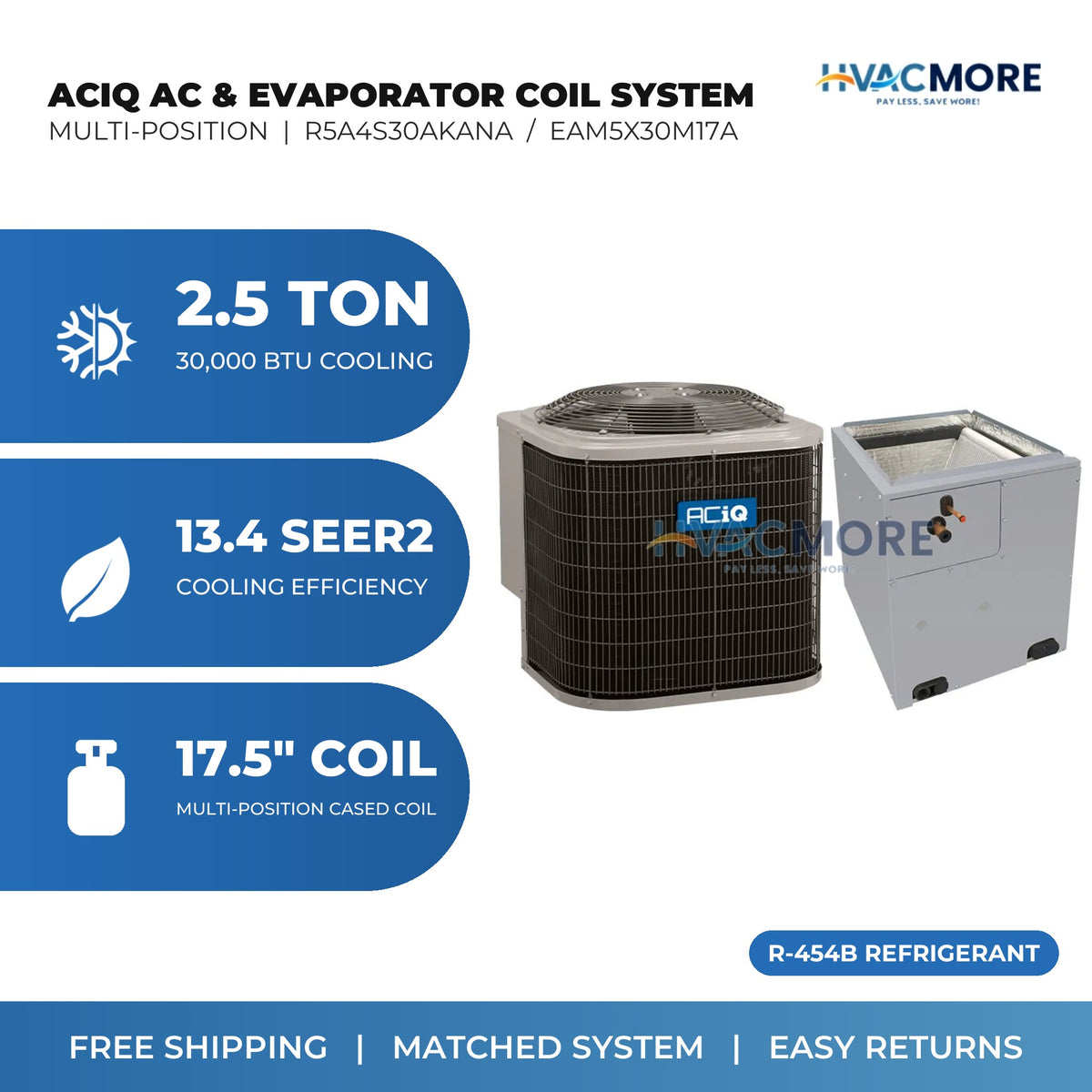 ACiQ 2.5 Ton 13.4 SEER2 R-454B Air Conditioner + 17.5" Multi-Position Cased Evaporator Coil System
