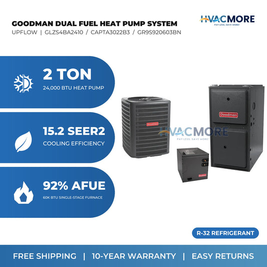 Goodman 2 Ton 15.2 SEER2 R-32 Heat Pump + 60,000 BTU 92% AFUE Single-Stage Gas Furnace Dual Fuel System - Upflow