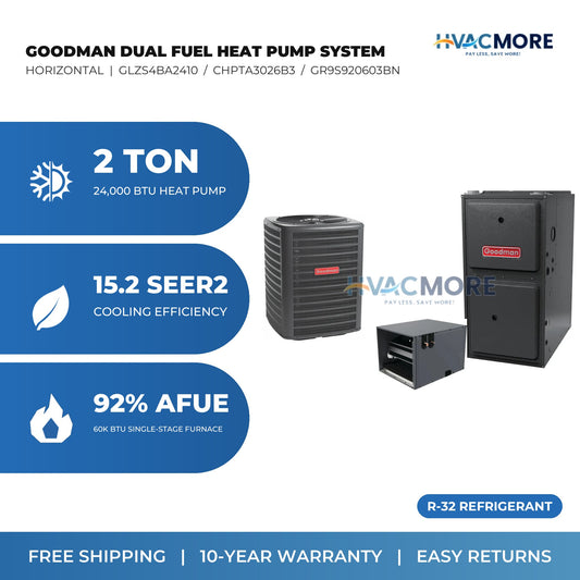Goodman 2 Ton 15.2 SEER2 R-32 Heat Pump + 60,000 BTU 92% AFUE Single-Stage Gas Furnace Dual Fuel System - Horizontal