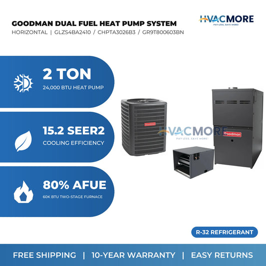 Goodman 2 Ton 15.2 SEER2 R-32 Heat Pump + 60,000 BTU 80% AFUE Two-Stage Gas Furnace Dual Fuel System - Horizontal (CHPTA3026B3 / GR9T800603BN)