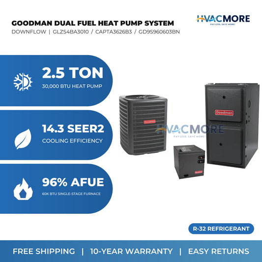 Goodman 2.5 Ton 14.3 SEER2 R-32 Heat Pump + 60,000 BTU 96% AFUE Single-Stage Gas Furnace Dual Fuel System - Downflow