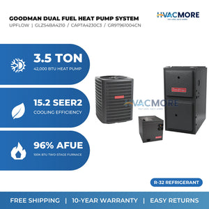 Goodman 3.5 Ton 15.2 SEER2 R-32 Heat Pump + 100,000 BTU 96% AFUE Two-Stage Gas Furnace Dual Fuel System - Upflow