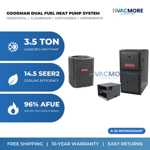 Goodman 3.5 Ton 14.5 SEER2 R-32 Heat Pump + 100,000 BTU 96% AFUE Two-Stage Gas Furnace Dual Fuel System - Horizontal