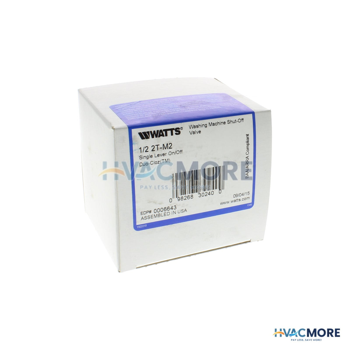 Watts 1/2" Male Thread 2T-M2 Washing Machine Shutoff Valve 0006643