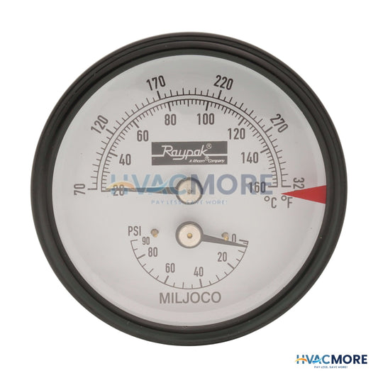Raypak T&P Gauge 70 to 250F, 0 to 90 PSI 007205F