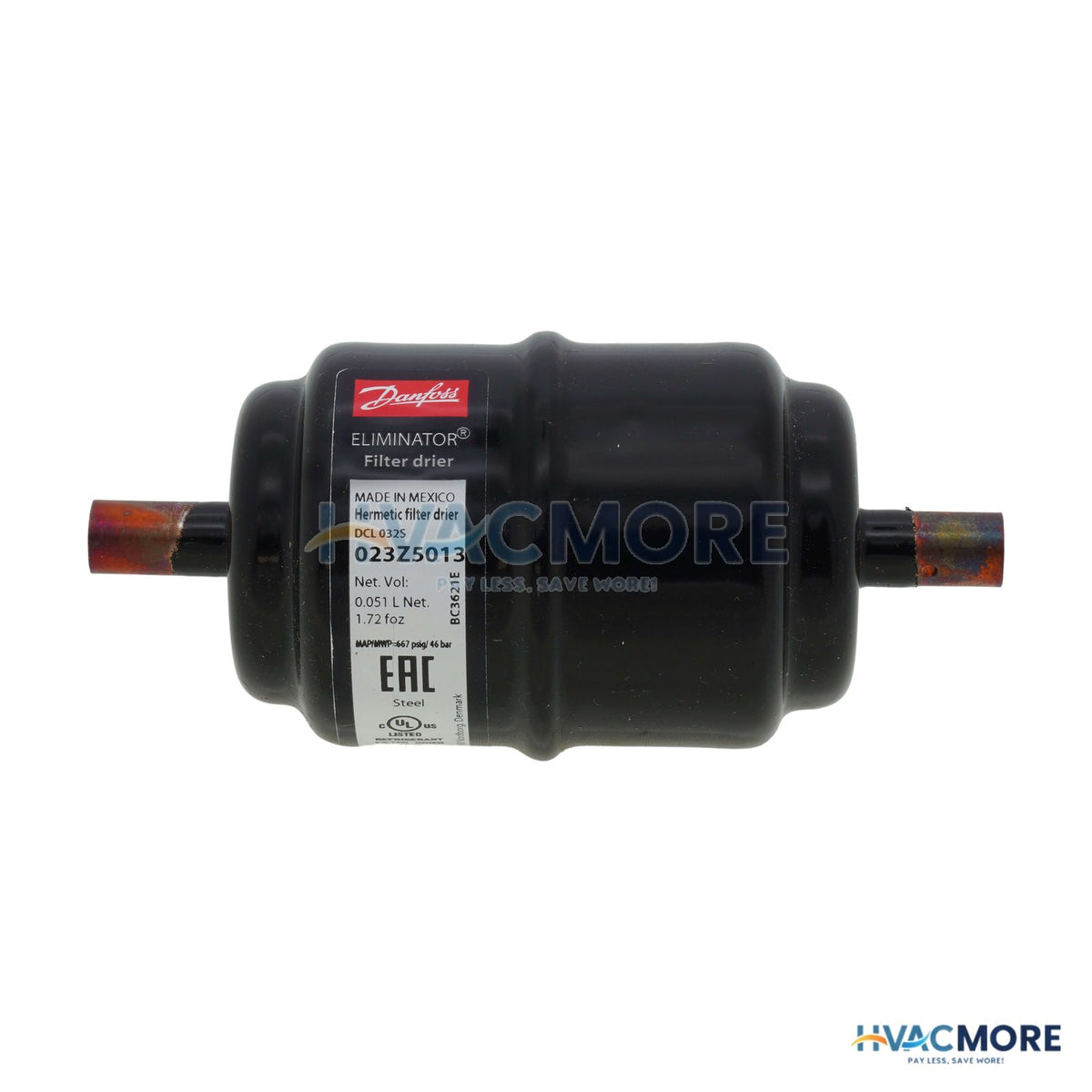 Danfoss 1/4" Sweat Liquid Line Filter Drier DCL032S (3 Cubic Inches) 023Z5013