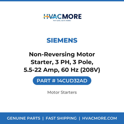 Siemens Non-Reversing Motor Starter, 3 PH, 3 Pole, 5.5-22 Amp, 60 Hz (208V) 14CUD32AD
