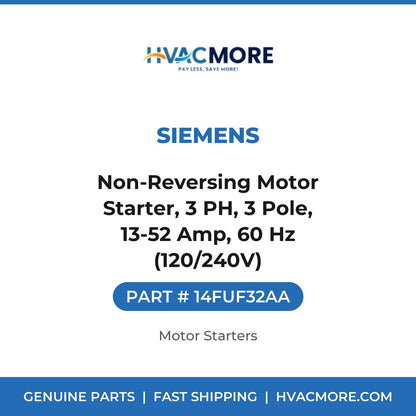 Siemens Non-Reversing Motor Starter, 3 PH, 3 Pole, 13-52 Amp, 60 Hz (120/240V) 14FUF32AA
