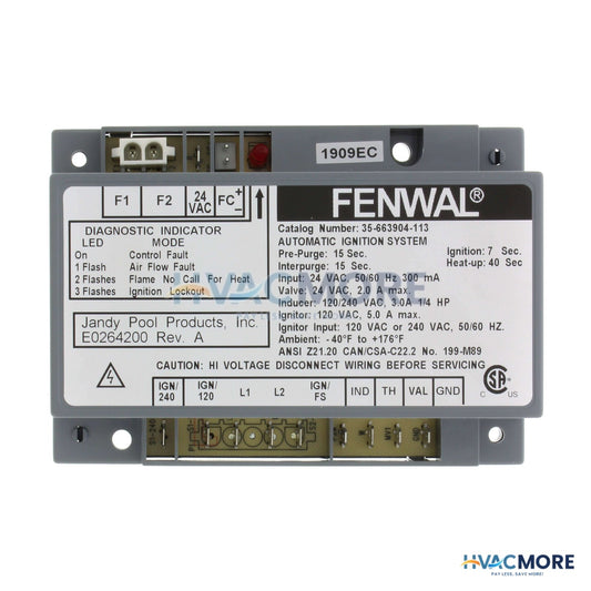 Fenwal Hot Surface Ignition Control, 24V W/ 15 sec. Prepurge (7 sec. Ignition) 35-663904-113