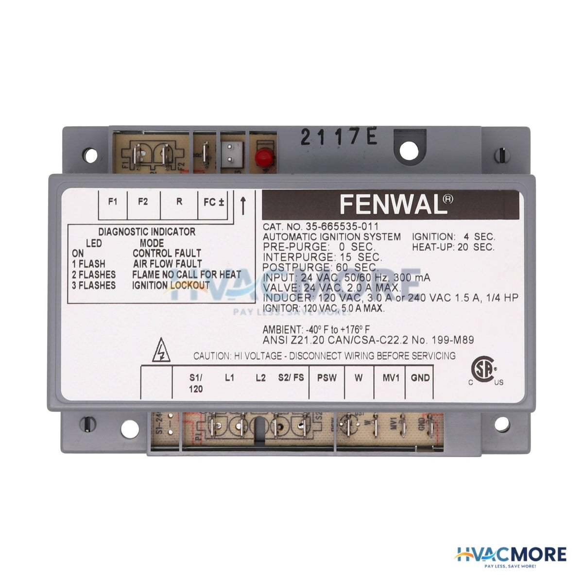 Fenwal Hot Surface Ignition Control, 24V W/ 15 sec. Prepurge (4 sec. Ignition) 35-665535-011